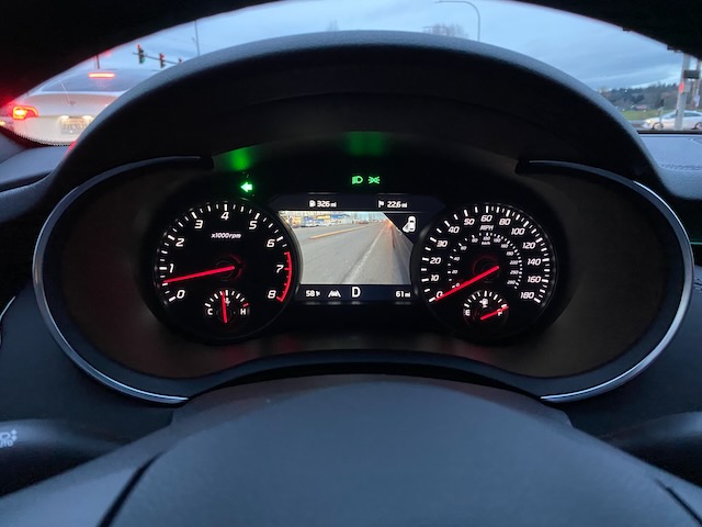 Close-up of gauge cluster with turn signal activated