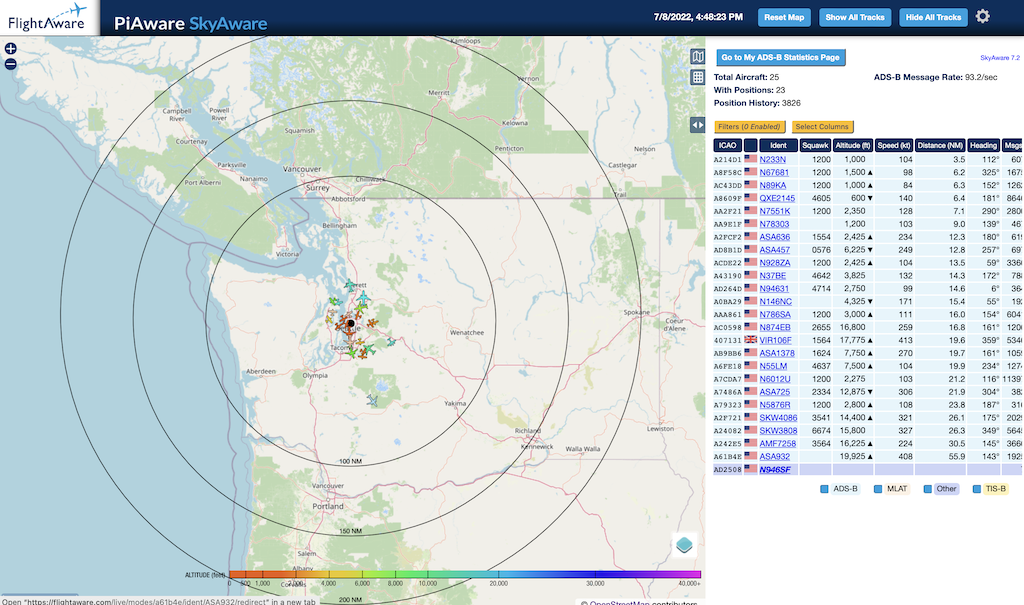 Screenshot of PiAware software running locally